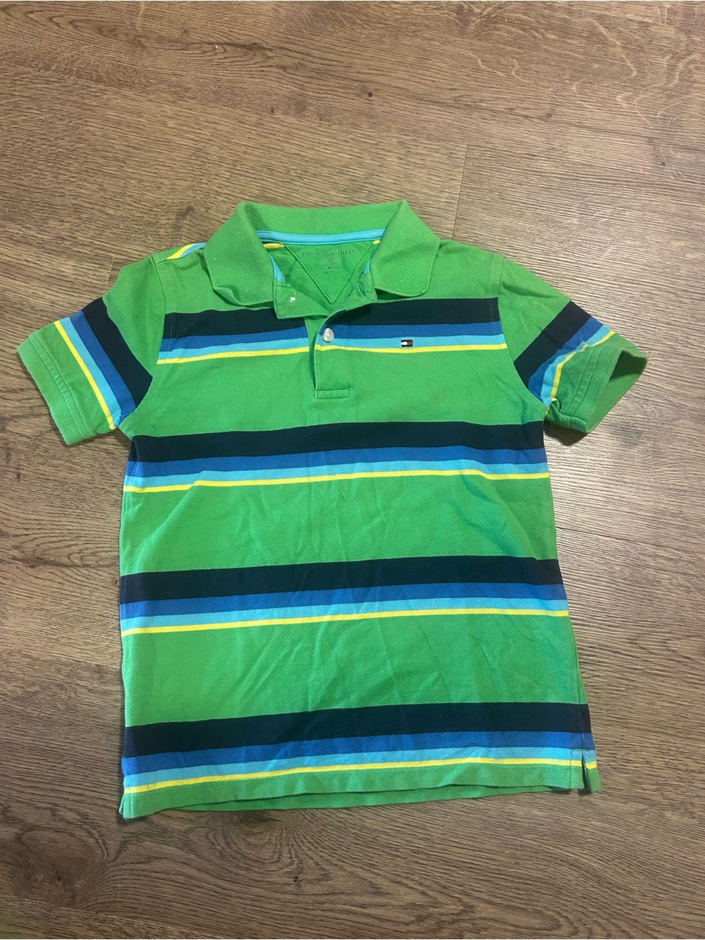 Tommy Hilfiger Green Striped Polo with Navy, Blue & Yellow Accents